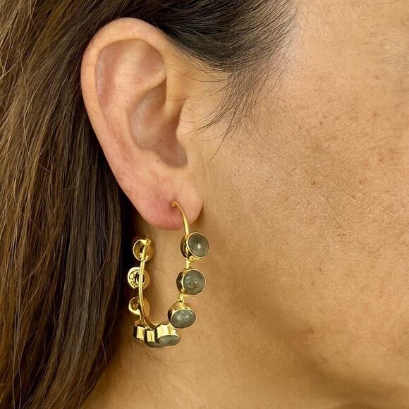 Gold Filled and Genuine Labradorite Hoop Earrings Made By Mississippi Artisan - Picture 1 of 6
